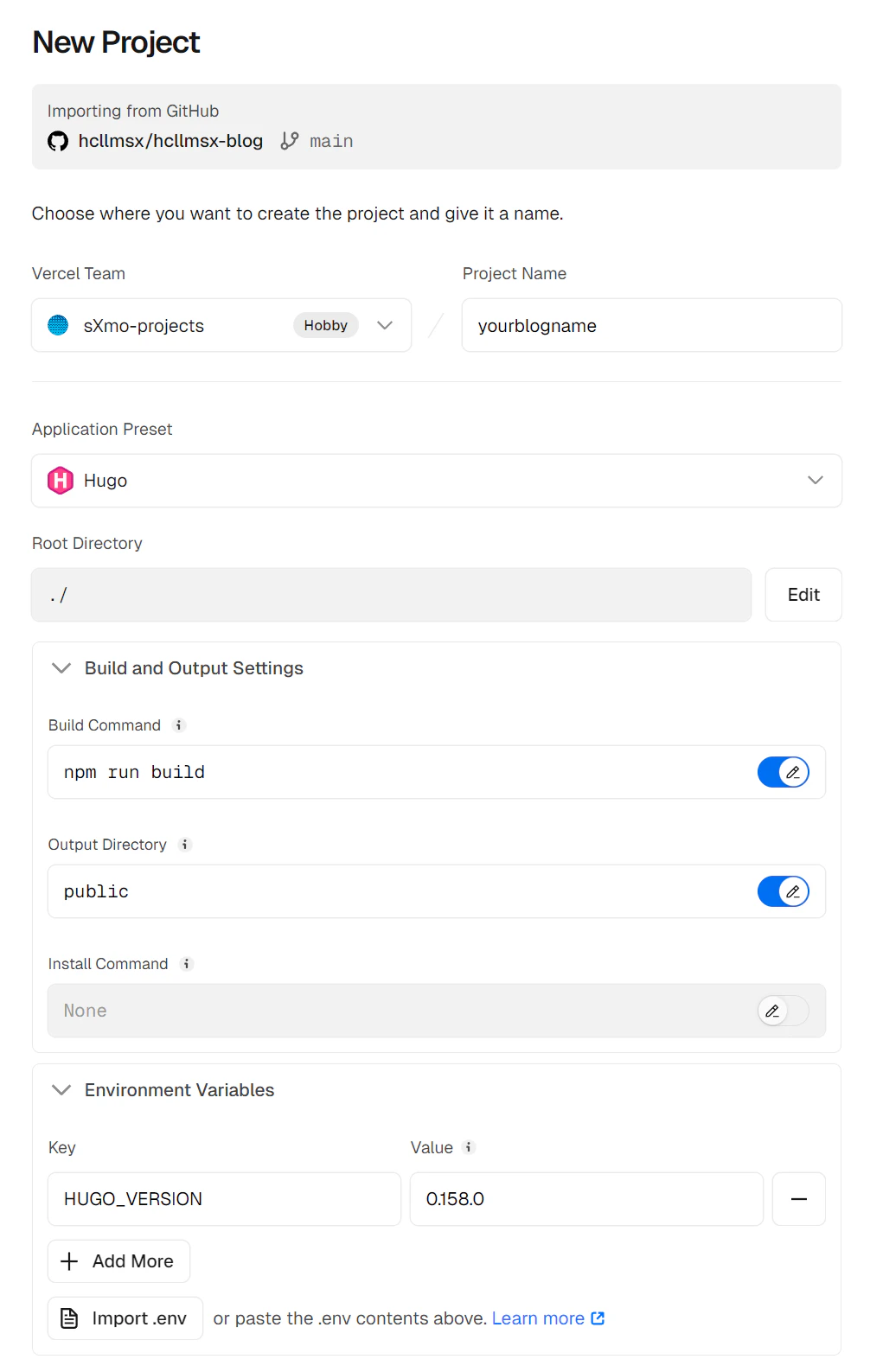 hugo部署到vercel时的设置